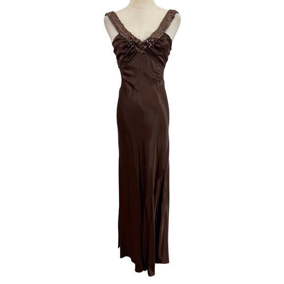 Zum Zum by Niki Livas Dresses & Skirts - Vtg 90s Zum Zum brown satin dress sequin straps evening gown ruched low back 3/4